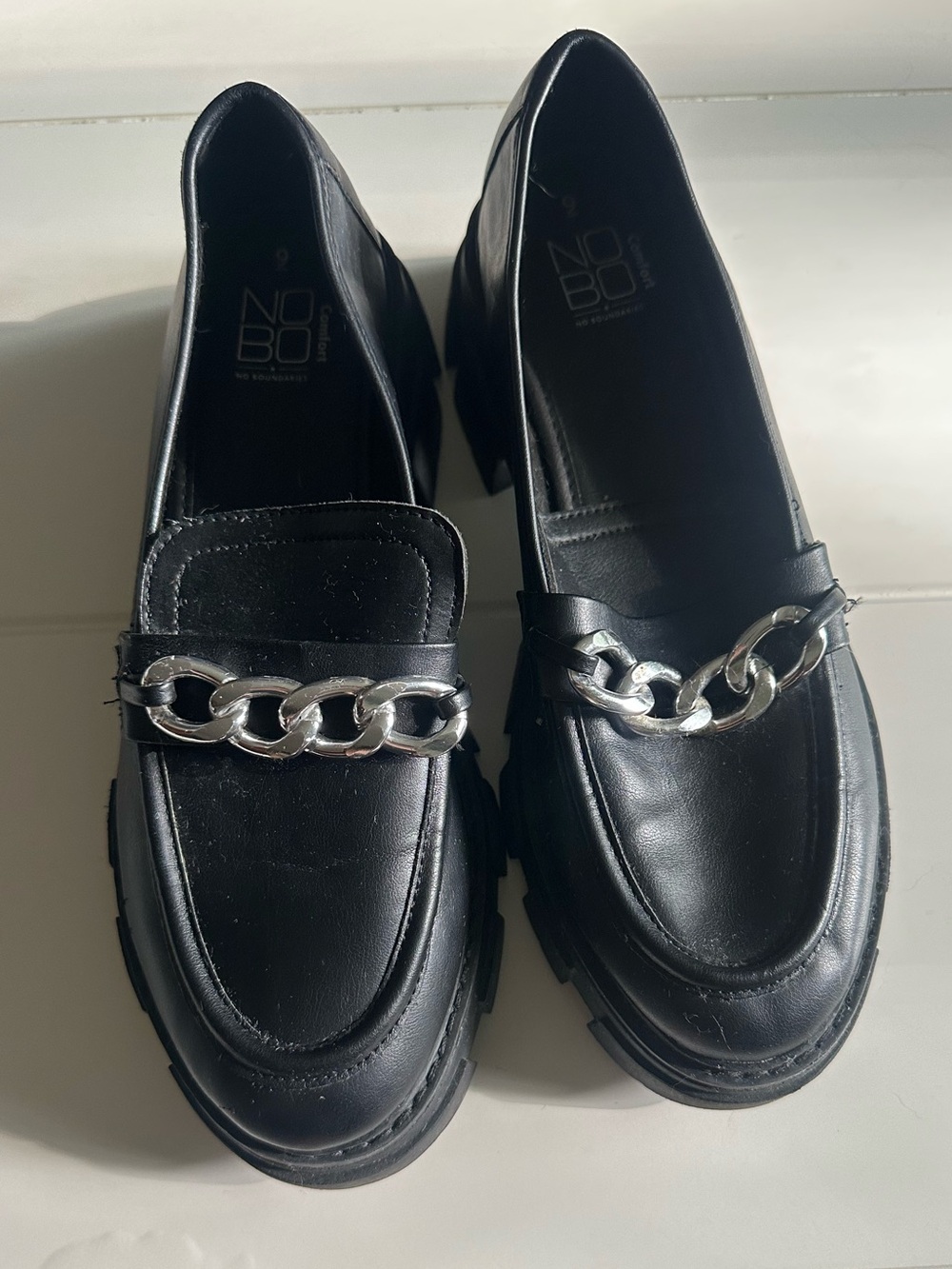 No Boundaries Black Leather Loafers with Silver Chain Accent